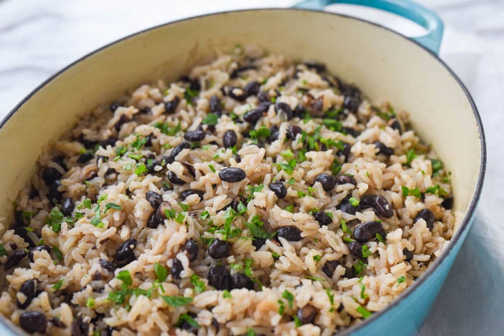 black beans and rice in a pan
