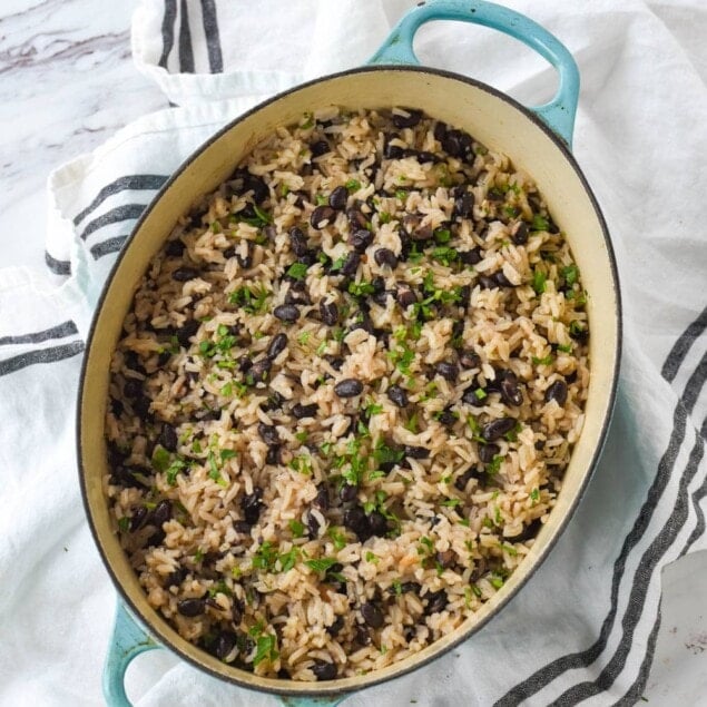 overhead shot of pan of black beans and rice