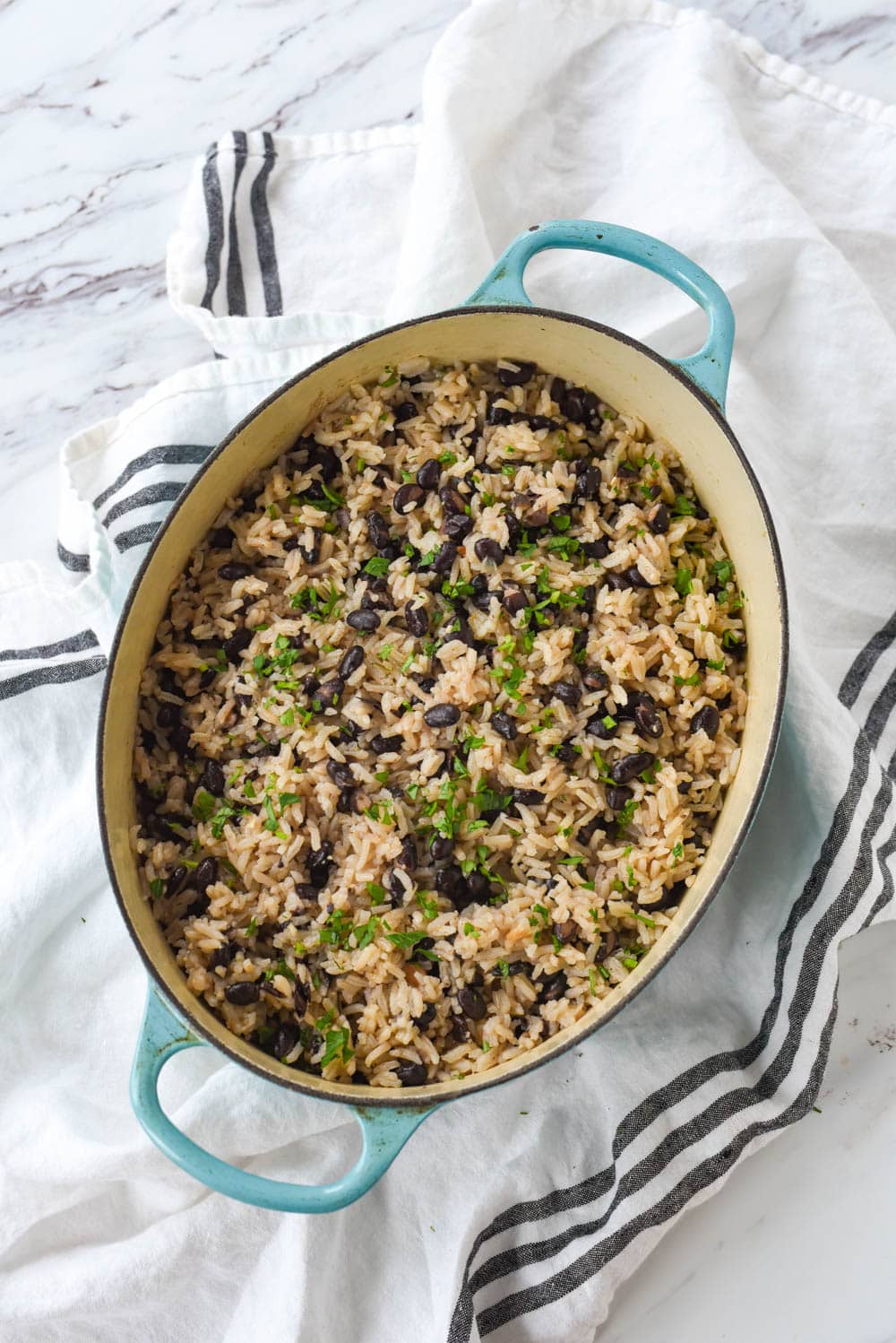 overhead shot of pan of black beans and rice