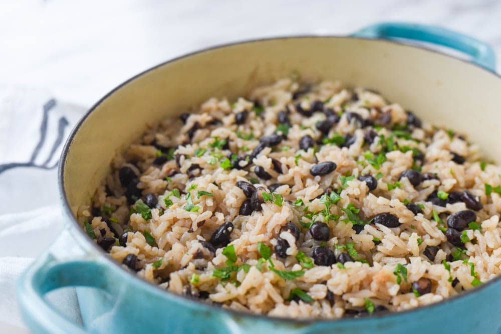 black beans and rice in a pan