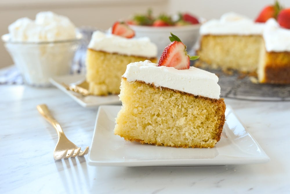 side view of a slice of buttermilk cake