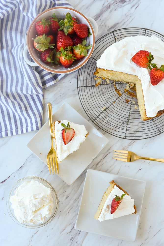 overhead shot of sliced buttermilk cake