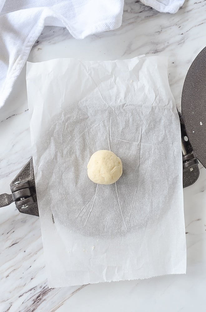 corn tortilla dough on tortilla press