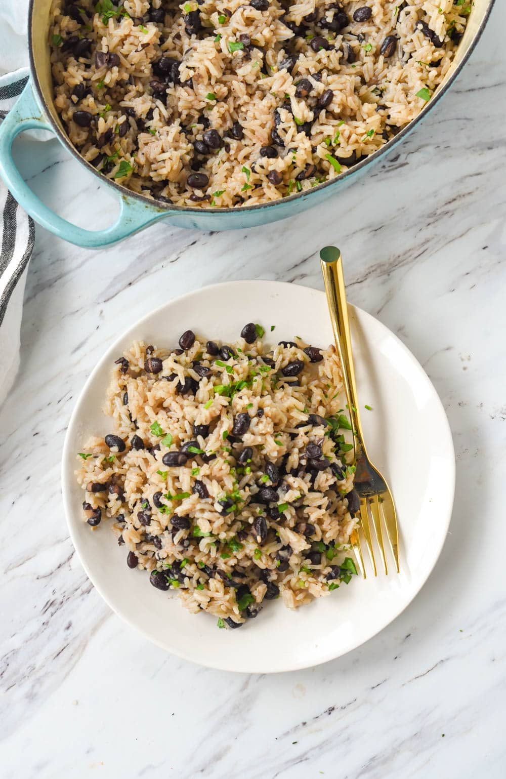 overhead shot of black beans and rice