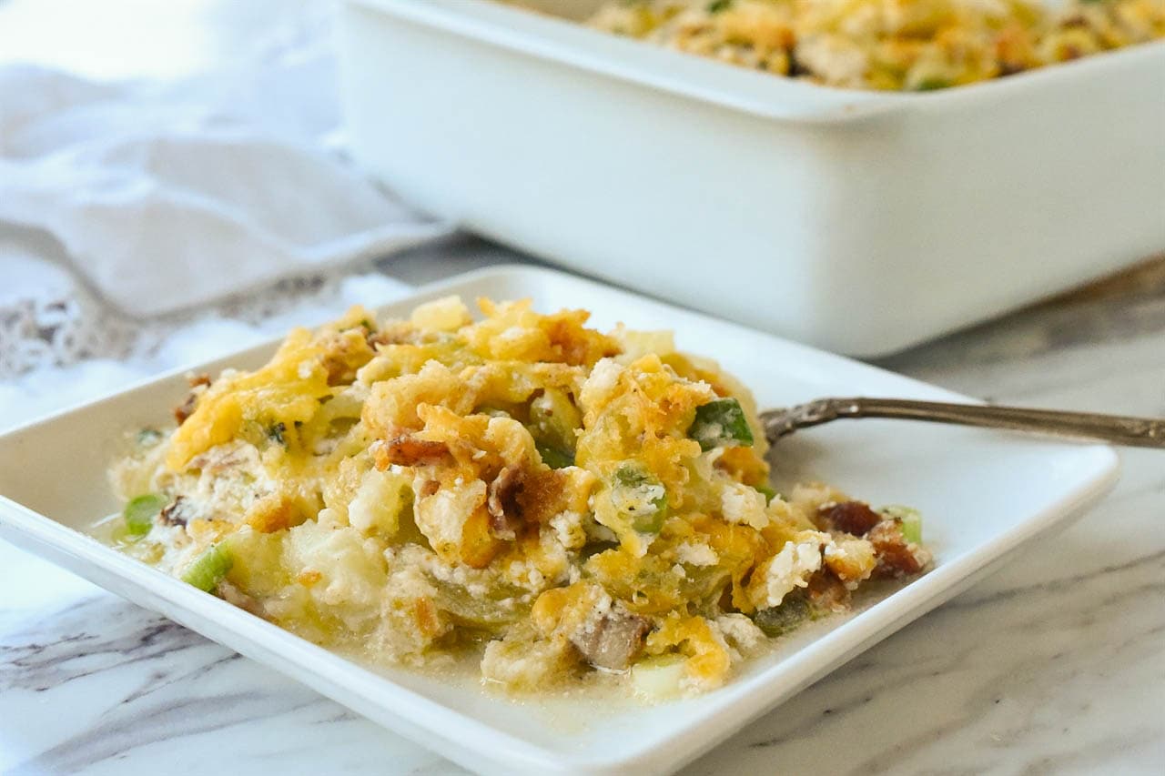 plate of loaded scalloped potatoes