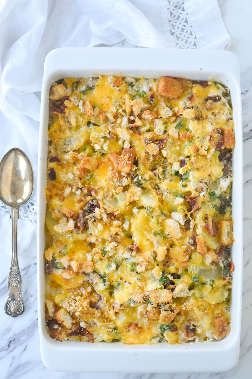 pan of loaded scalloped potatoes