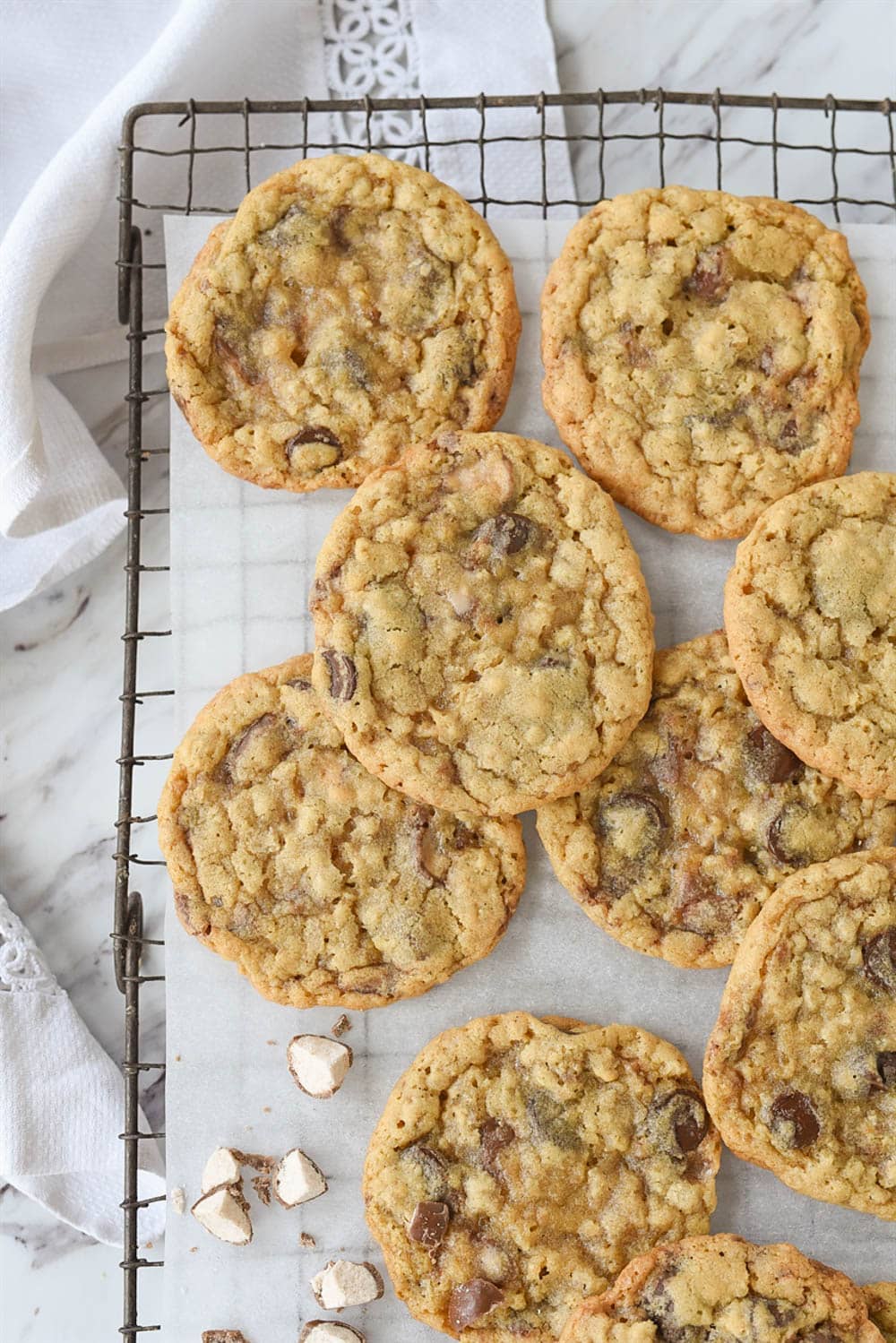 malted milk ball cookies on a cooking rack