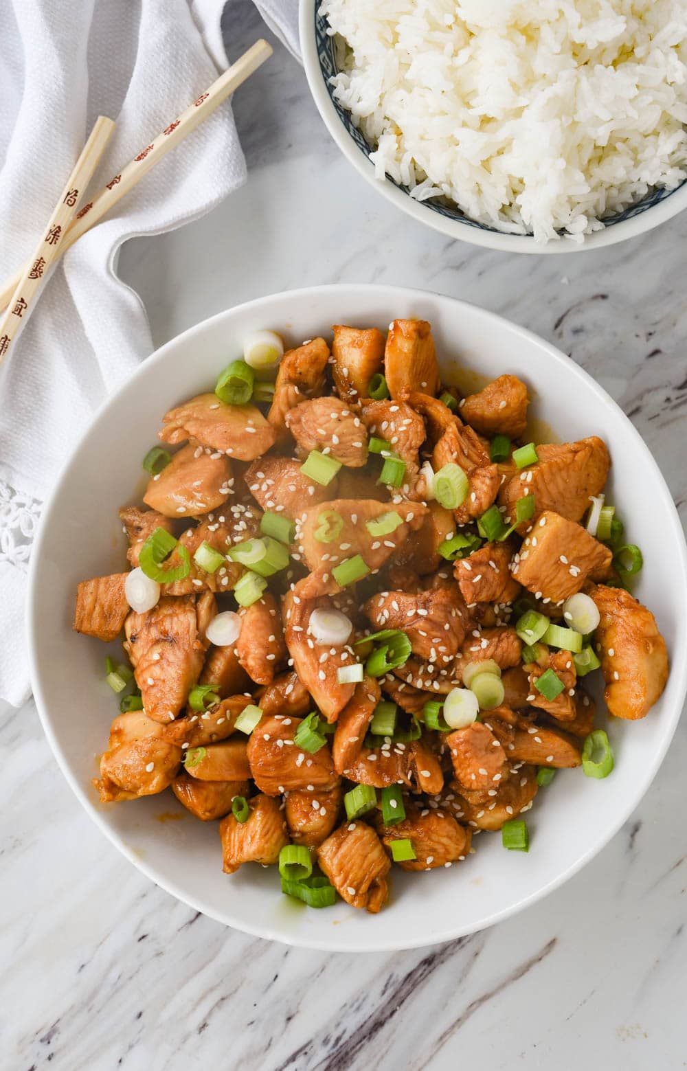 overhead shot of sesame chicken