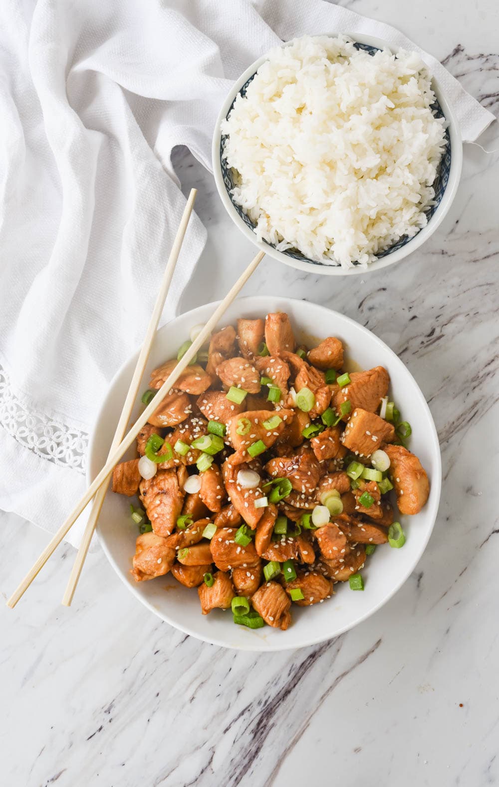 bowl of rice and sesame chicken