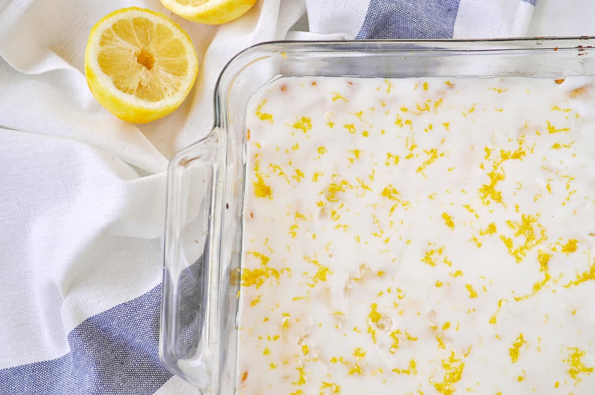 pan of baked and glazed lemon shortbread