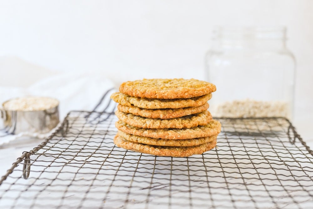 stack of oatmeal cookies on a cooling rack