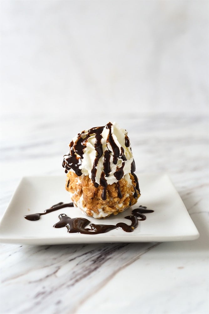 easy fried ice cream scoop of fried ice cream on a plate