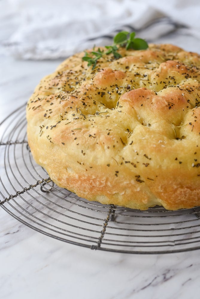 side view of a loaf of focaccia bread