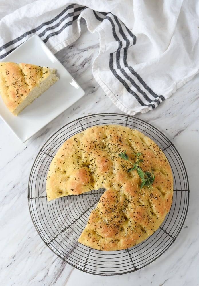 overhead view of a loaf of focaccia bread