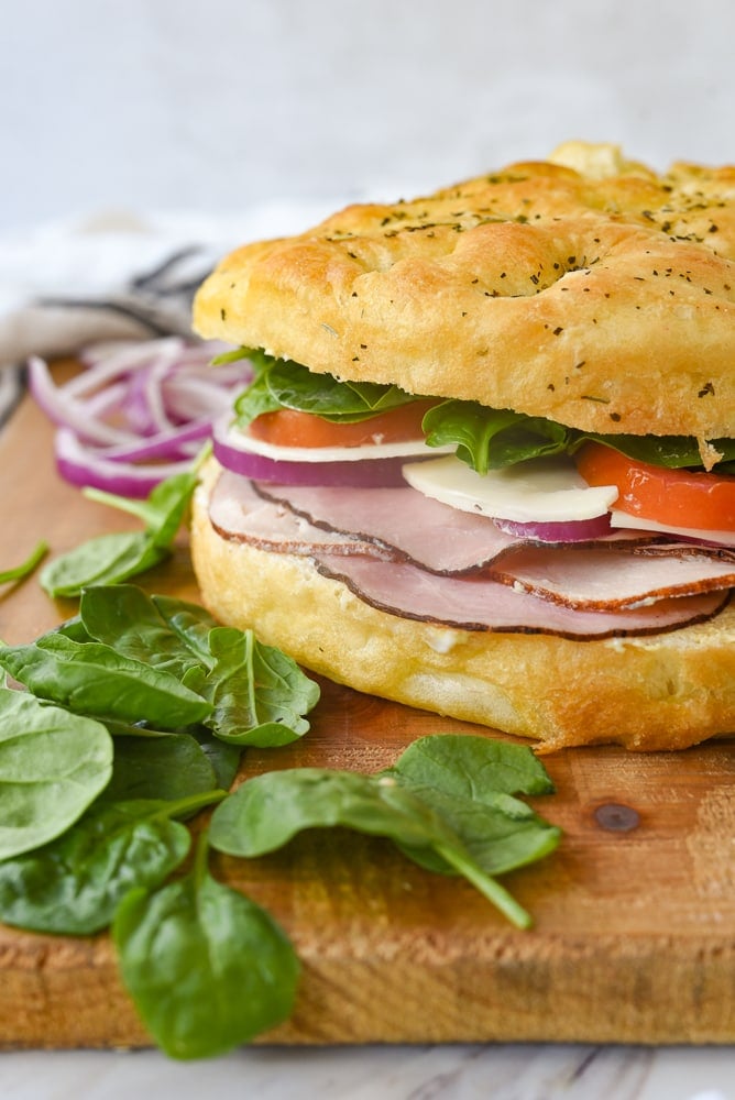 side view of a focaccia bread sandwich