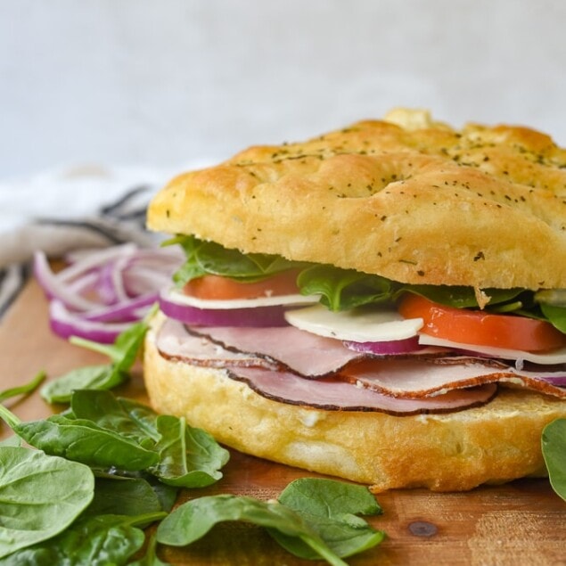 side view of a focaccia sandwich