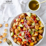 overehead shot of bowl of panzanella salad