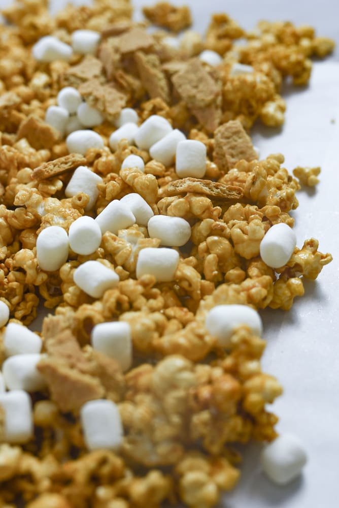 caramel corn with marshmallows and graham crackers