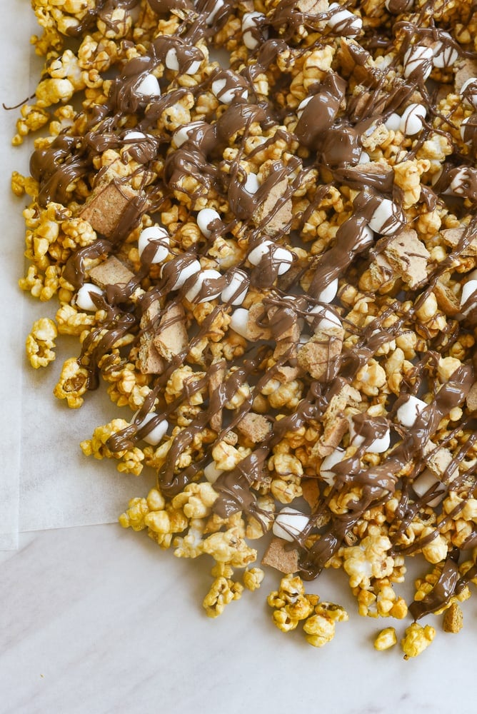 chocolate drizzled over smores popcorn