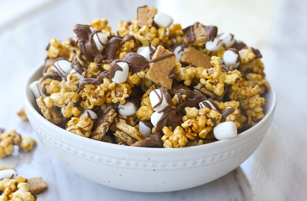 white bowl of caramel corn