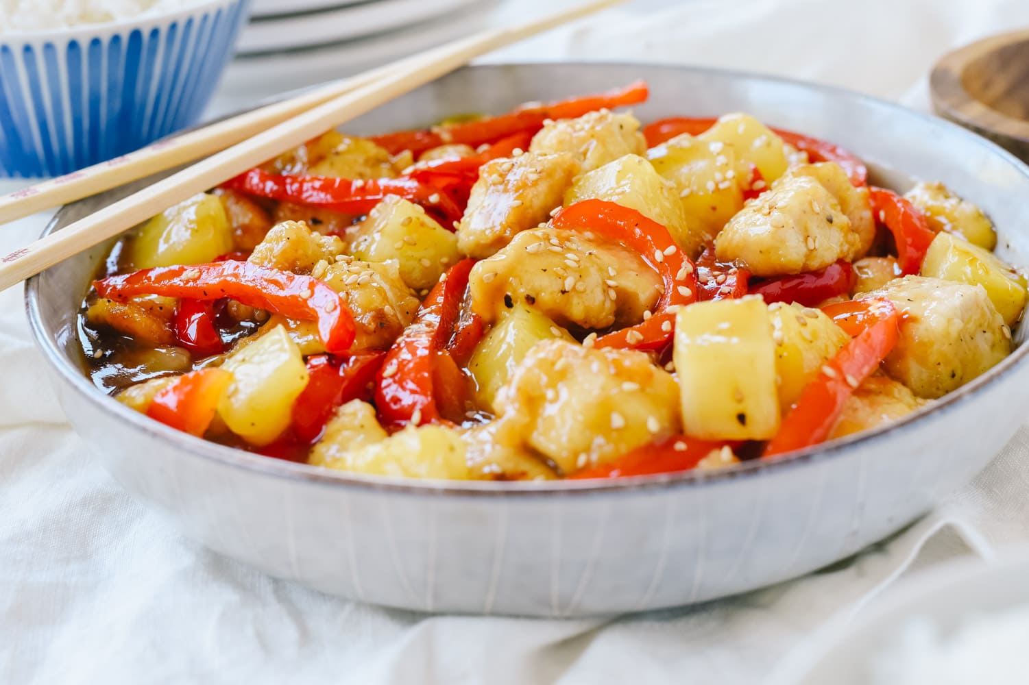 bowl of chicken, pineapple and red pepper