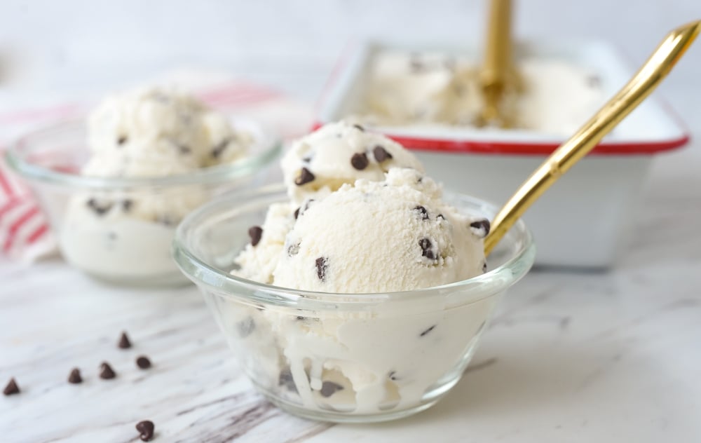 scoop of chocolate chip ice cream in a bowl.