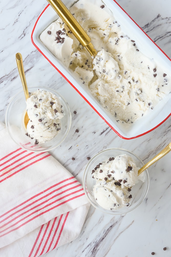 overhead shot of two bowls of chocolate chip ice cream