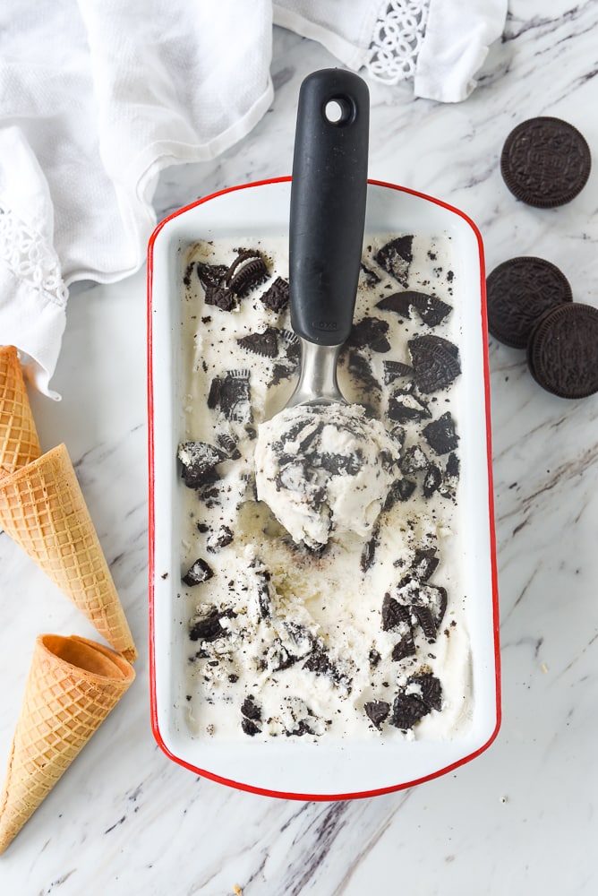 cookies and cream ice cream in a scoop