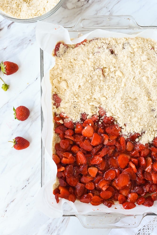 overhead shot of strawberry bars in pan