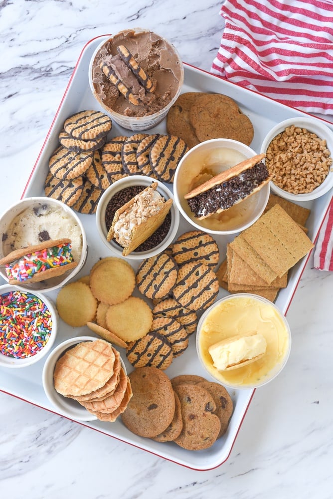 overhead shot of homemade ice cream sandwiches snack board