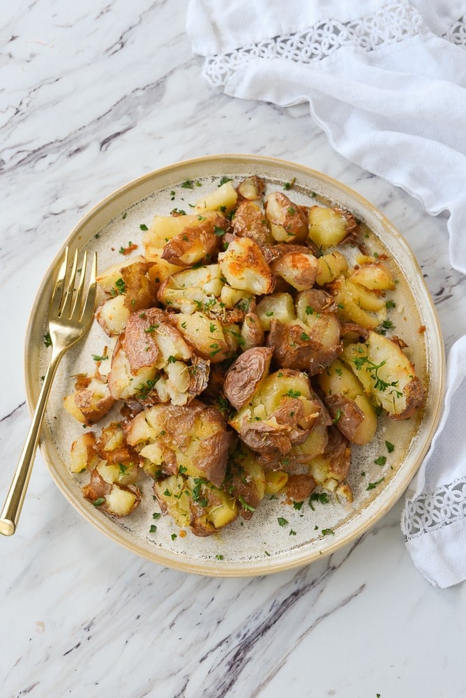 overhead shot of smashed potatoes