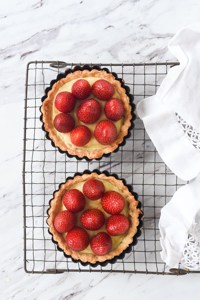 overhead shot of strawberries in tart