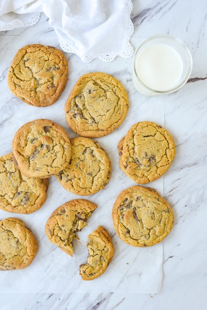 Best Chocolate Chip Cookie Recipe overhead shot of chocolate chip cookies
