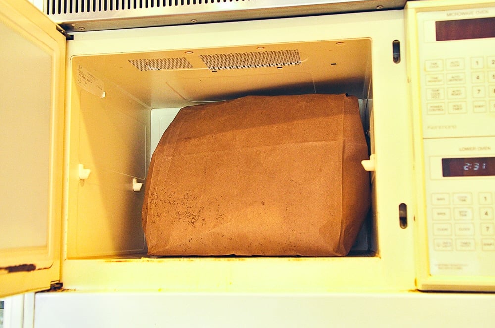 brown paper bag in microwave.