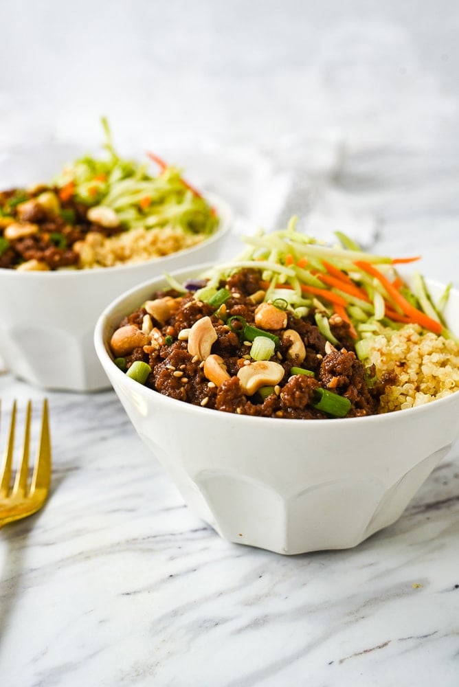 bowls of korean ground beef and veggies