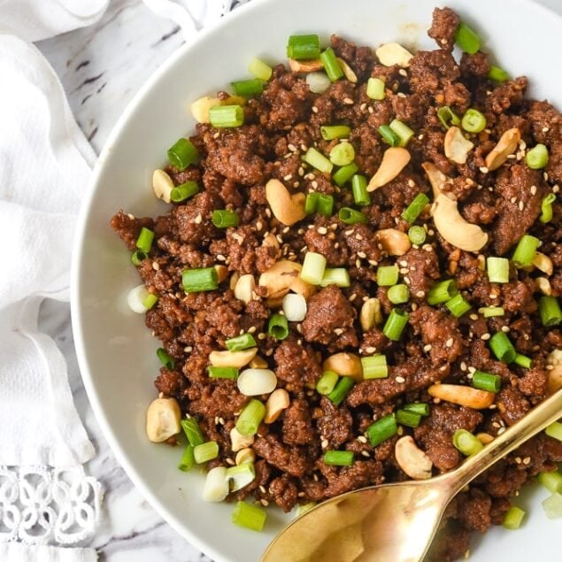 overhead shot of korean ground beef in a bowl