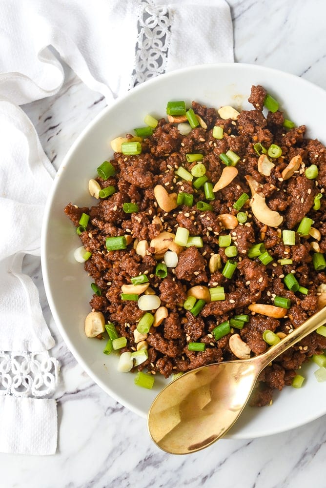 overhead shot of korean ground beef in a bowl