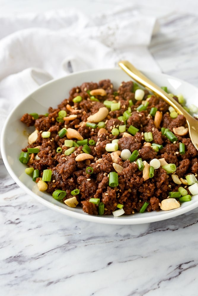 bowl of korean ground beef with cashews