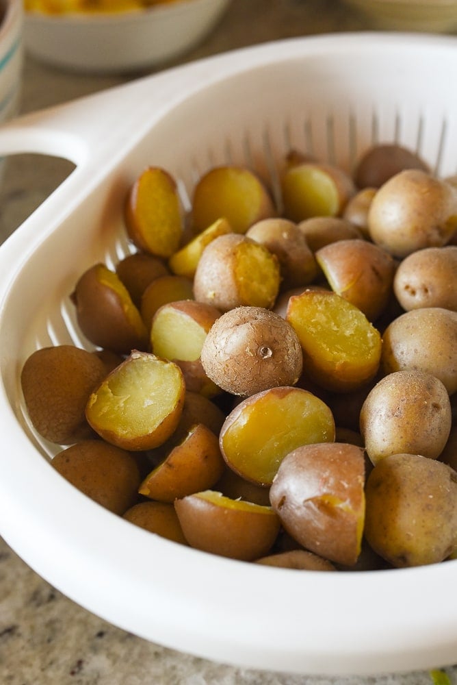 colander of boiled red potatoes