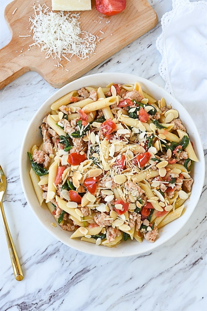 overhead shot of bowl of chicken and pasta