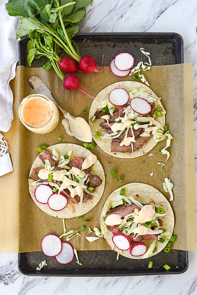 overhead shot of korean beef tacos