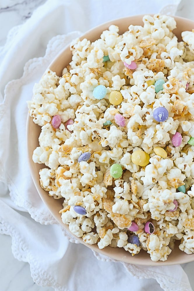 overhead shot of white chocolate popcorn