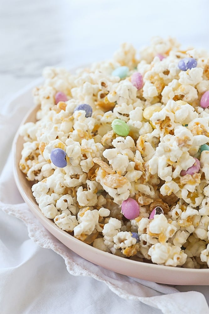 White Chocolate frito popcorn mix bowl of white chocolate popcorn