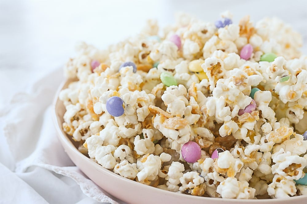 pink bowl of popcorn