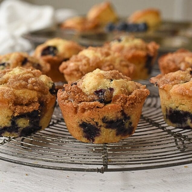 cooling rack of blueberry muffins