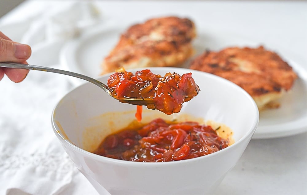 tomato relish on a spoon