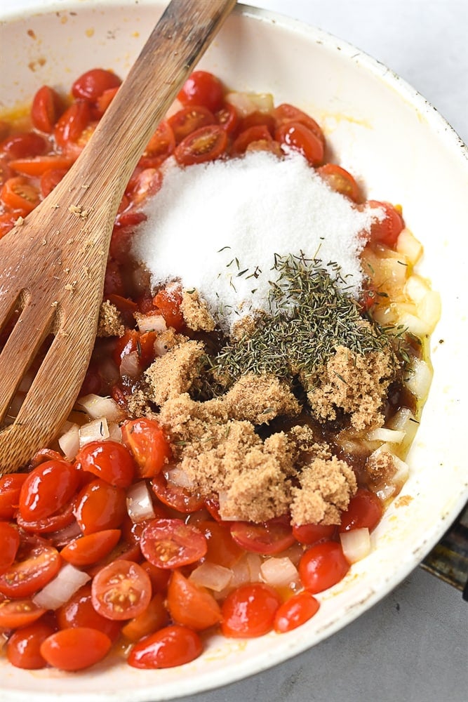 tomato relish ingredients in a pan.