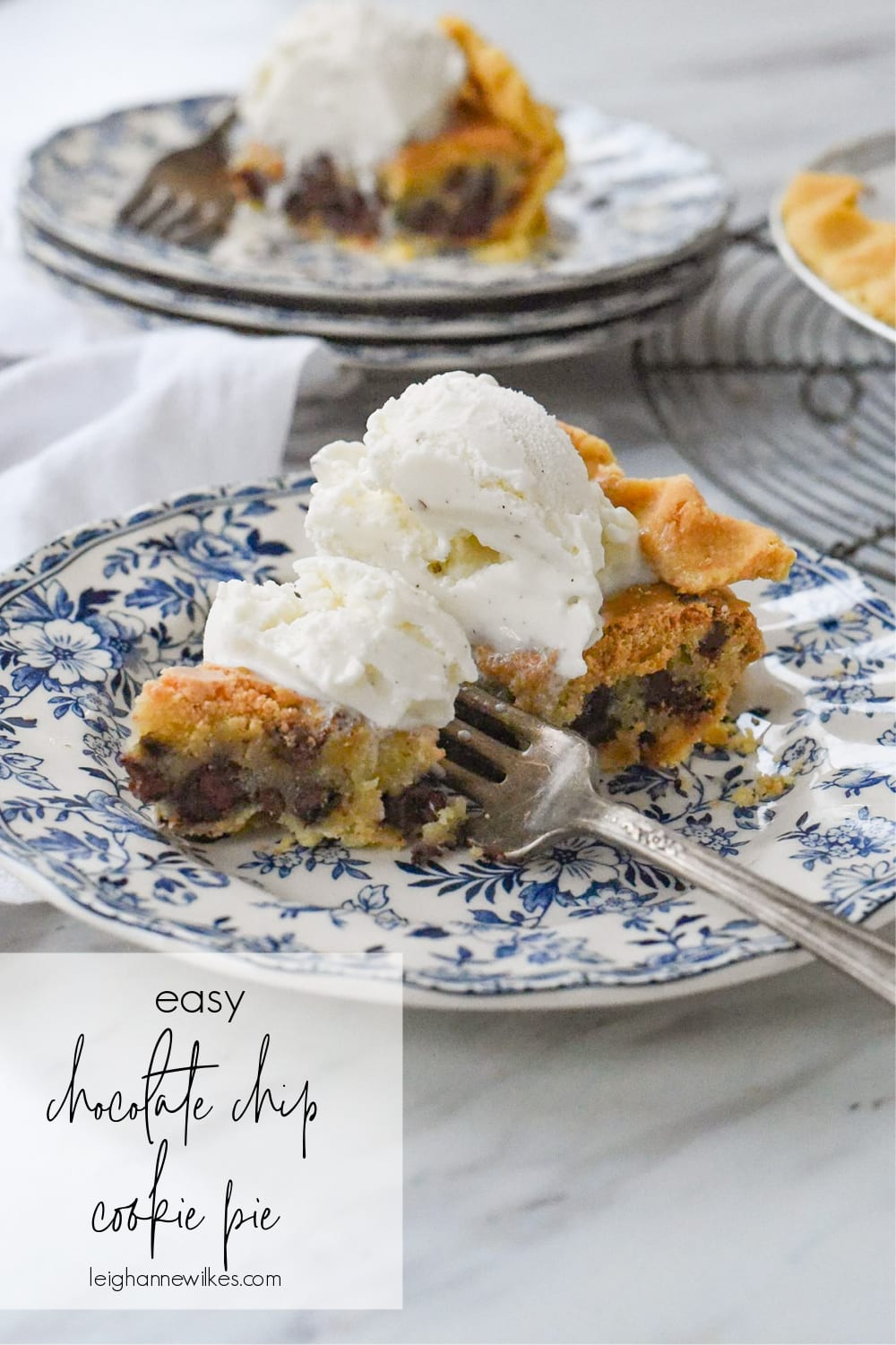 slice of chocolate chip cookie pie with ice cream