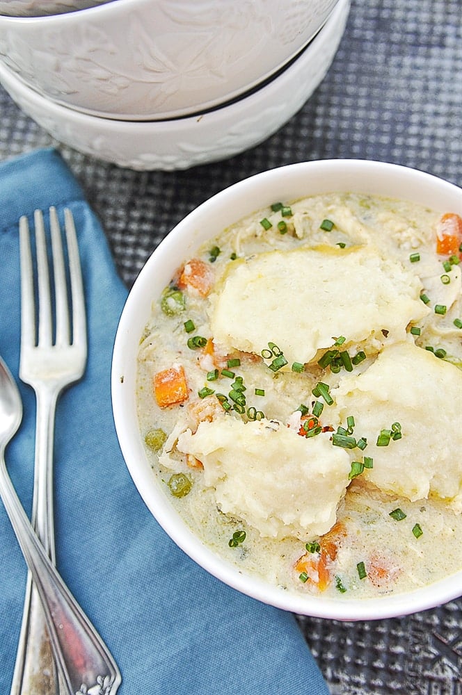 bowl of chicken and dumplings