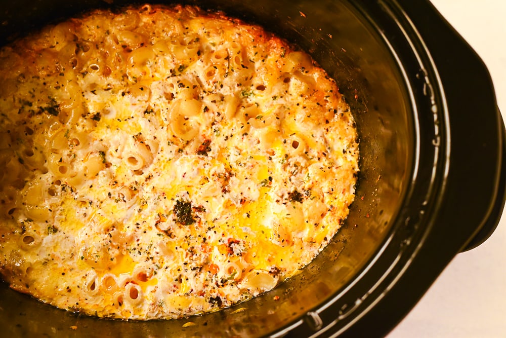 overhead shot of slow cooker mac and cheese